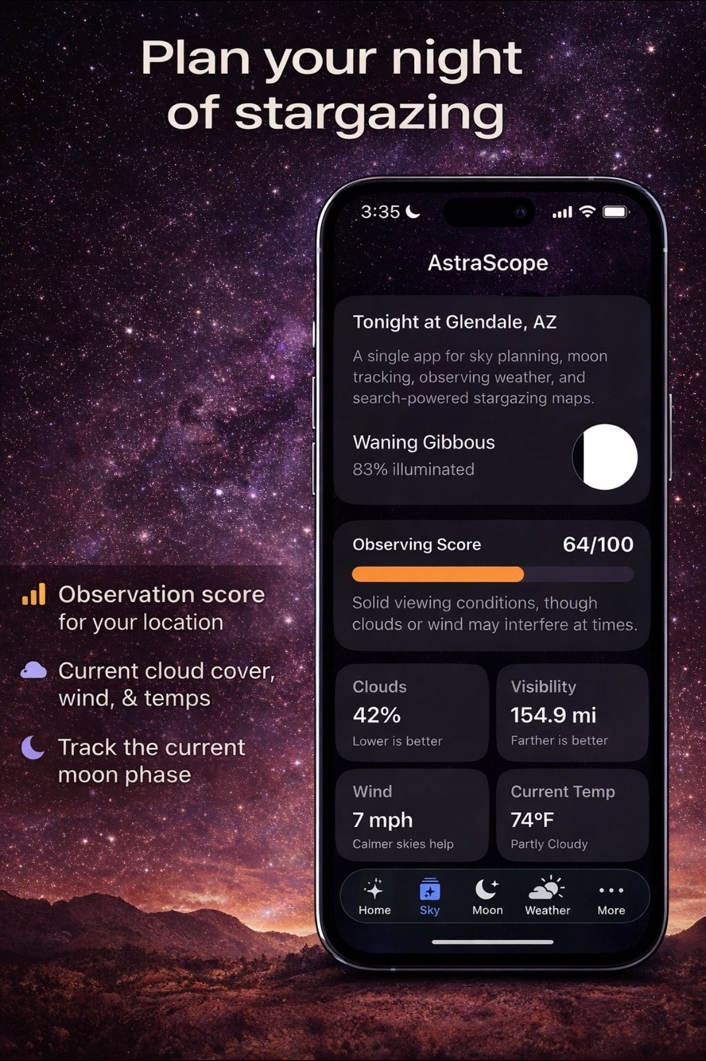 AstraScope screenshot showing plan your night of stargazing