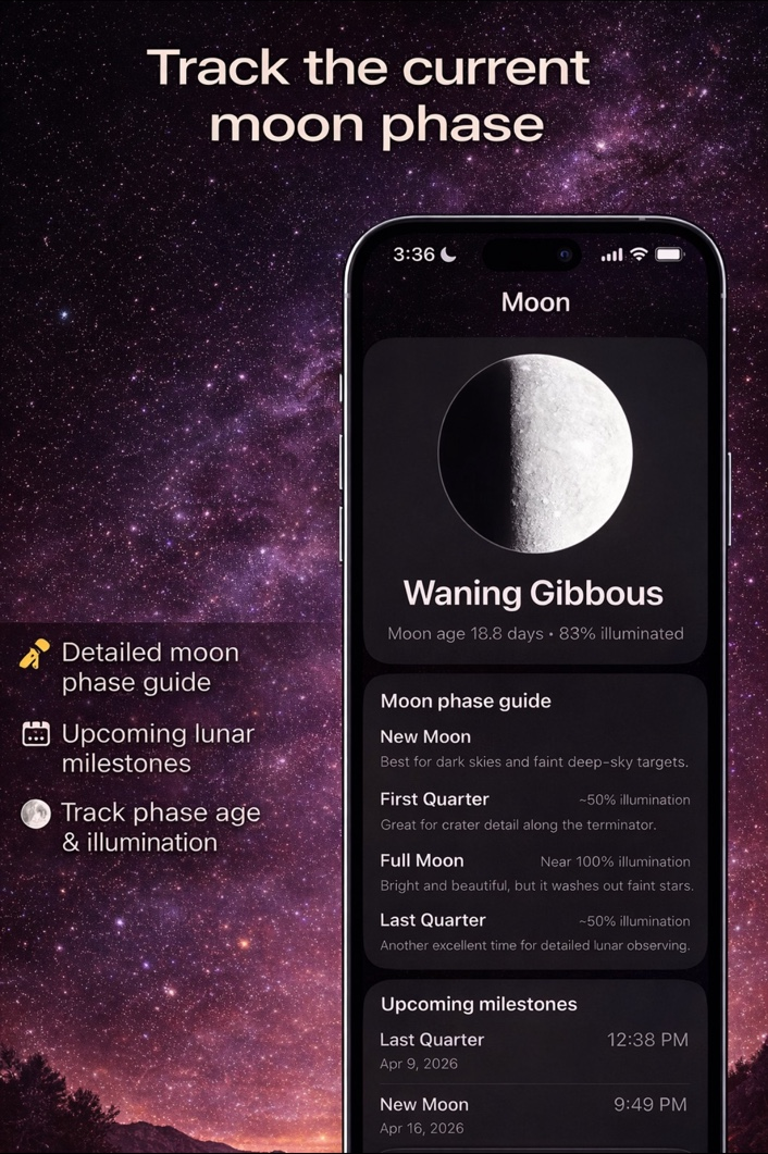 AstraScope screenshot showing track the current moon phase