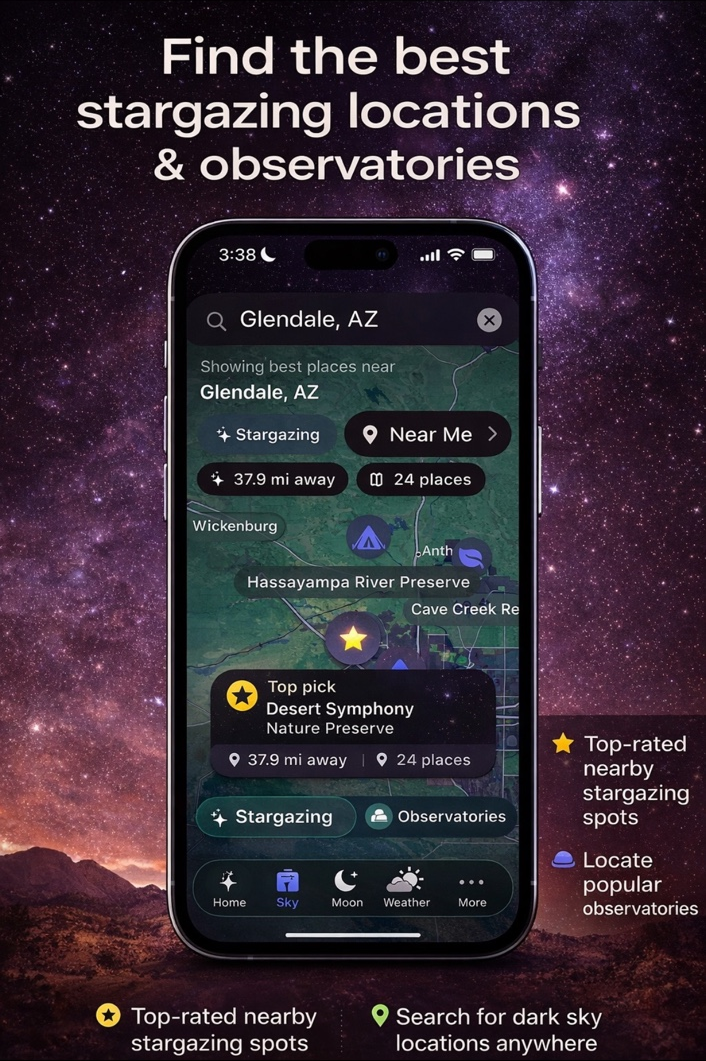 AstraScope screenshot showing find the best stargazing locations and observatories